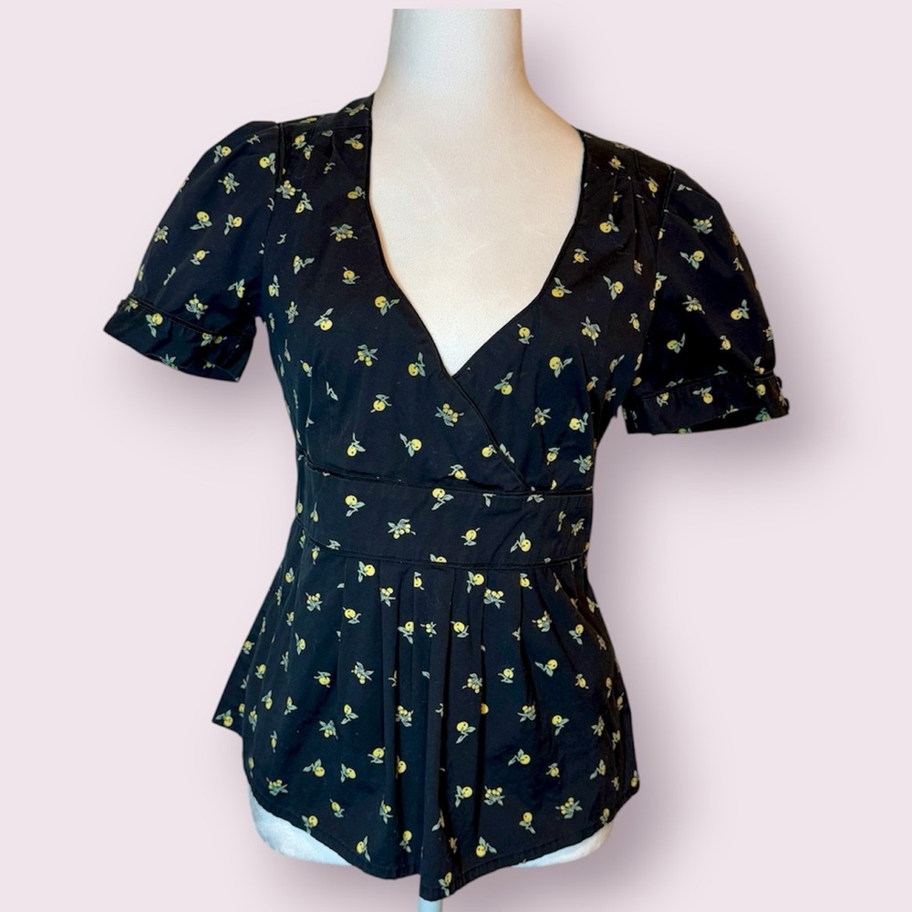 Anthropologie Odille Lemon Print Top Black & Yellow Size 4